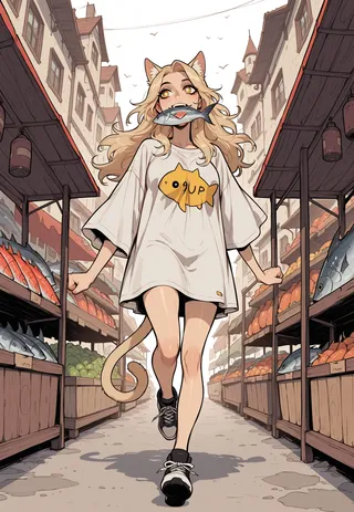 A blonde catgirl with golden eyes and cat ears runs through a busy fish market holding a fish in her mouth, wearing an oversized shirt with a fish graphic.