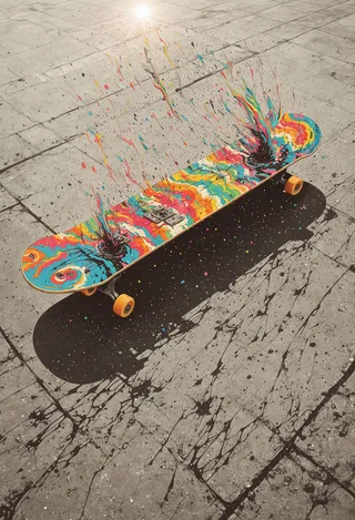 A colorful skateboard lying on a concrete surface under sunlight, with surreal colorful splash trails emerging from it.