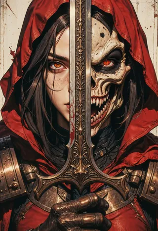 Female warrior in dark fantasy style with half her face visible and the other half covered by a demonic skeletal mask, holding an ornate sword dividing the two sides.