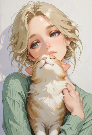 Closeup digital artwork of a blonde woman with soft eyes wearing a green sweater, gently petting a content orange and white cat nestled close to her face.