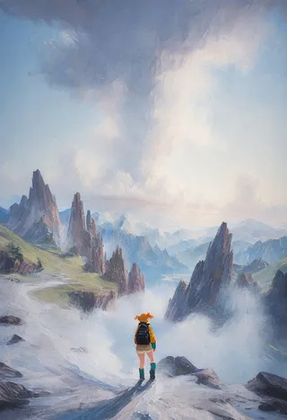 Impressionistic painting of a solo woman hiker standing on a misty mountain trail along a rocky glacial arête, facing distant peaks under soft light.