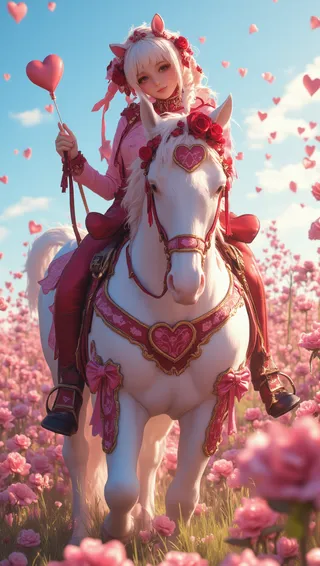 White anime-style horse adorned with an ornate Valentine-themed red and gold saddle and bridle, ridden by a girl with white hair in pink attire, surrounded by pink roses and heart-shaped balloons under a blue sky.
