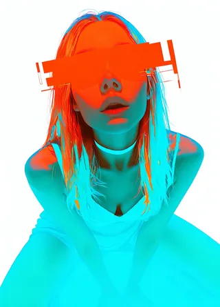 Portrait of a blonde woman with long hair and parted lips, wearing a choker, bathed in orange and teal colors with digital glitch obscuring her eyes against a white background.