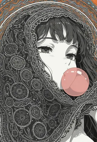 Close-up of a girl blowing a pink bubblegum bubble, holding a black detailed lace veil with mandala patterns and a greyscale face with expressive eyes.