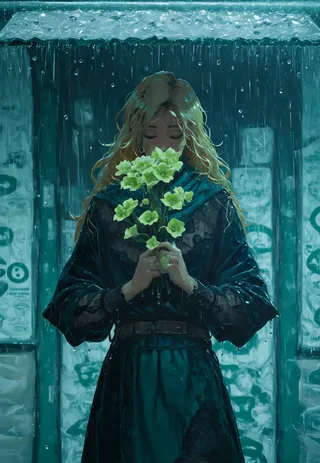 A girl with long blonde hair wearing a blue lace outfit and capelet stands beneath a rainy bus shelter, holding a bouquet of green flowers with water droplets falling around her.
