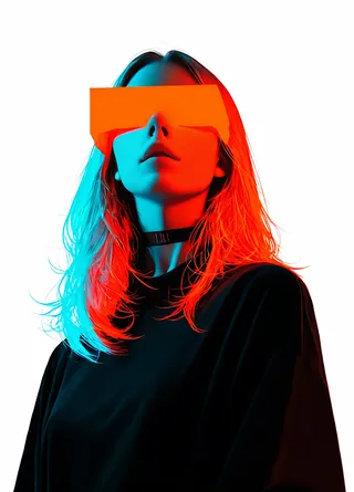 Close-up neon-style digital portrait of a blonde woman wearing a black choker and dark clothing with orange and teal lighting effects over her face and hair.