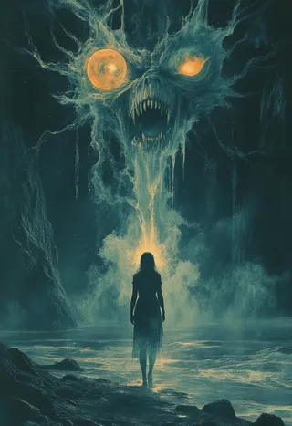 A lone girl stands by the dark sea shore, bathed in eerie light from a glowing crystal, facing a monstrous creature with glowing eyes in swirling fog.