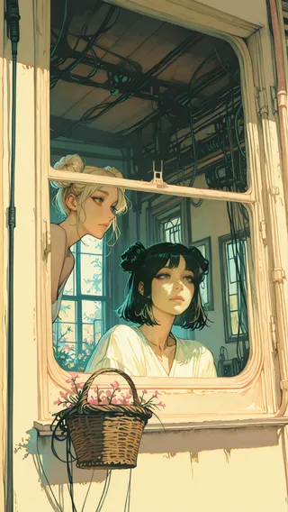 Two girls with blonde and black hair looking out of a vintage window, accompanied by a flower basket hanging outside, with a subtle watercolor effect and cables overhead.