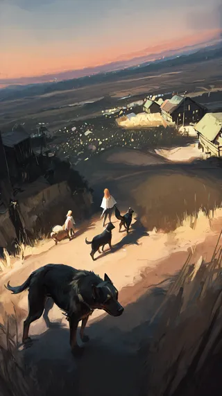Two girls with orange and blonde hair walking with several dogs on a hill path near a village during early morning with a gradient sky and long shadows