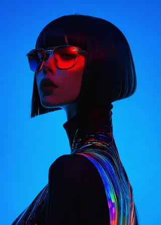 A cyberpunk styled woman with short dark hair and blunt bangs wearing reflective neon sunglasses against a blue background, with dramatic colorful lighting highlighting her high fashion outfit.