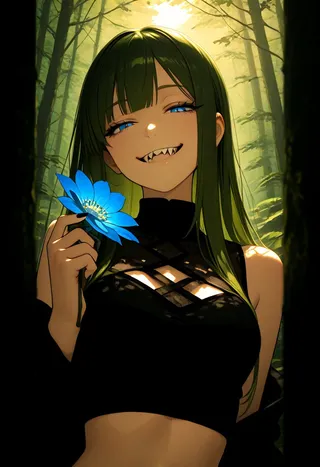 Stylized digital illustration of a girl with long green hair holding a large blue flower, wearing a black crop top, smiling with sharp teeth, set against a sunlit forest background.