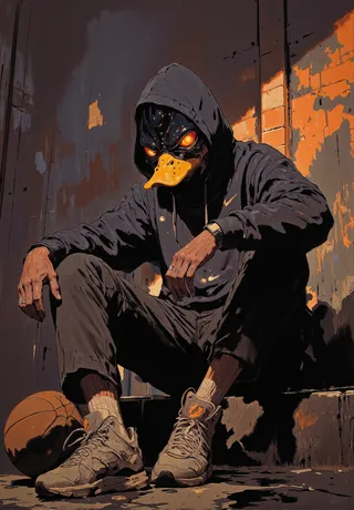 A person wearing a navy gray hooded sweatshirt with a menacing duck mask featuring a yellow beak and glowing orange eyes, sitting on a dark textured surface by a basketball, illuminated by dramatic street light shadows.