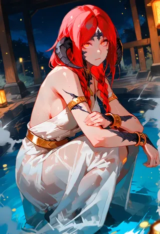 Red-haired Au Ra woman with black horns, black scales, and red pupils squatting in a steamy ancient marble bathhouse at night, wearing a translucent ivory silk gown.