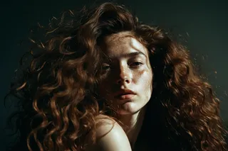 Close-up portrait photography showing a woman's face with natural freckles, prominent cheekbones, full lips, and long eyelashes. Her huge wavy hair fills the entire background, creating a dark textured backdrop with high contrast and shadow play.
