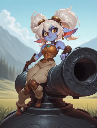 Tristana from League of Runeterra with white hair and blue fur leans confidently against a large cannon, wearing armor and goggles on a sunny day with a hill background.