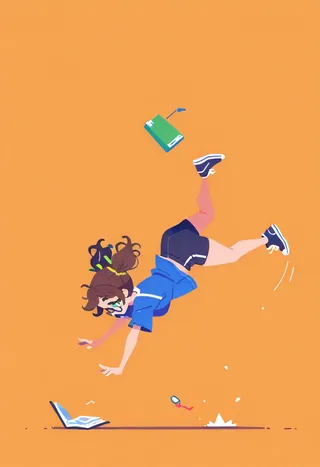 Flat vector illustration of a chubby girl with glasses and wavy dark brown hair tripping forward mid-air with motion lines, dropping books and glasses on an orange background.