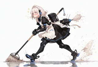 A mechanical maid with short white hair and a frilly black and white maid outfit dashes forward mopping the floor with a mop, showing a flustered expression. She has robotic arms and legs with white body panels accented in silver and blue, and a floating mini mecha with thrusters hovers behind her, all set against a clean white background with motion lines and cleaning bubbles.