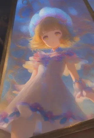 Oil painting of a child with gold eyes and prismatic lips in a magical wonderland surrounded by oversized flora, viewed from below with turquoise reflections.