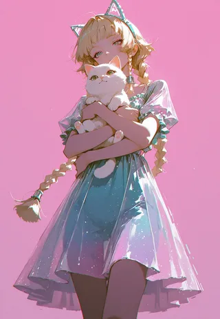 A girl wearing a colorful translucent dress and cat ear hair band embraces a white cat against a vibrant pastel pink background, with long blonde braids and soft lighting.