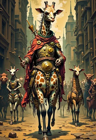 A warrior-queen giraffe clad in intricate golden steampunk armor and a red cloak leads a troop of revolutionary animals dressed in Victorian battle garb through a detailed steampunk metropolis street.