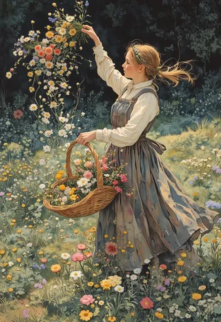 A woman in a period dress standing in a meadow, holding a basket filled with colorful flowers and tossing flowers into the air.