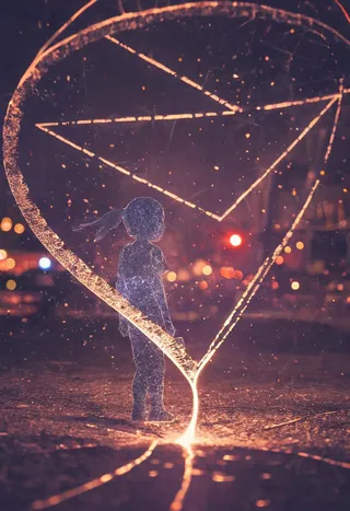 Silhouetted child figure standing in a cracked fractal concrete plaza, holding a glowing holographic sign with prismatic light, detailed with floating debris and crimson bokeh in the background.