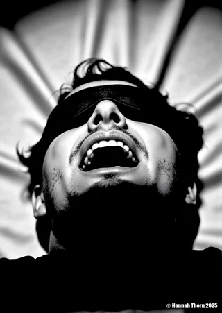 Black and white close-up of a man's face with eyes covered by a dark band, mouth open in silent anguish, lit dramatically from the side with deep shadows.