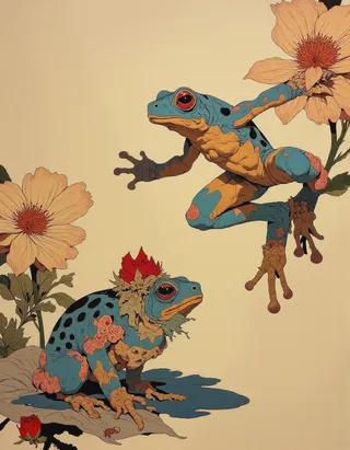 A detailed illustration of two blue and orange colored frogs, one leaping midair and another sitting among pastel-colored sea rose flowers, inspired by Claude Monet's sea rose paintings.