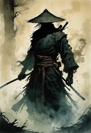 A ghostly silhouette of an undead ronin wearing a traditional straw hat and tattered robes, dissolving into shadowy smoky emanations in a dark fantasy style engraving by Ashley Wood.