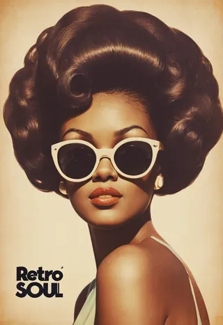 Vintage style portrait of a woman with afro hairstyle wearing large white sunglasses and red lipstick.