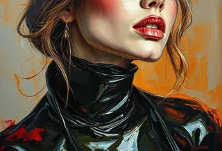 Close-up alla prima oil painting of a model wearing a shiny black latex outfit with red lips and an abstract orange background
