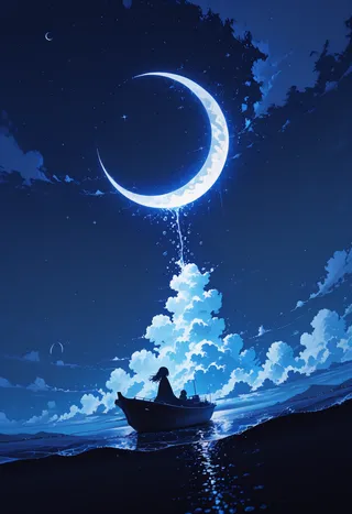 Silhouette of a boat with a person under a large glowing crescent moon hanging in a starry blue night sky with dramatic clouds and water reflections.