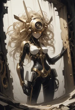 A woman in a futuristic mechanical suit with gold and black details, glowing eyes, and intricate organic-mechanical background creating a surreal liminal space.