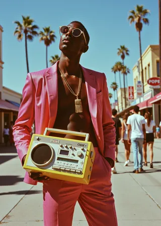 A tall dark-skinned man wearing a bright pink suit and classic metal Cazal sunglasses stands on a sunny San Diego street holding a yellow vintage boombox, with palm trees and people walking in the background.