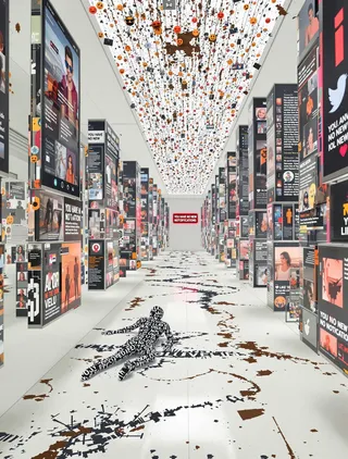 A vast sterile white room filled with floating digital screens displaying social media content, marred by rust streaks. A figure made of fragmented text and emoji lies crawling on the floor beneath the screens. Above, emojis orbit like halos replacing the missing ceiling. A red sign reads 'YOU HAVE NO NEW NOTIFICATIONS.'