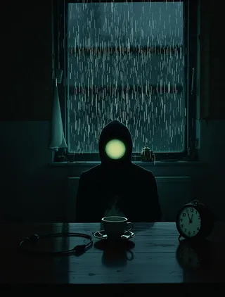 A dark kitchen scene with rain outside the window, a hooded figure with a glowing circular face sitting motionless at a table with a steaming cup of tea and a stopped clock.