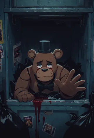 Sad animatronic bear wearing a black top hat and bowtie, covered in blood tears, reaching out from inside a dumpster in a dark alleyway with missing posters and trash bags surrounding.