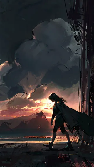 Silhouette of an exhausted girl walking along a dark horizon with dramatic cumulonimbus clouds illuminated by fiery volumetric lighting.