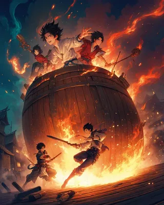 Anime-style highly detailed fantasy scene showing mutinous deck battles around a giant flaming rum barrel, with cabin boys wielding voodoo-doll weapons amid fire and a dark sky.