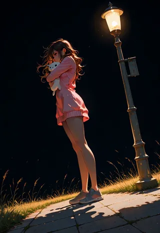 A girl with dark wavy hair wearing a pink sweater dress and pale grey sneakers hugs a lamp post at night with a somber expression, standing on a grassy sidewalk under dim light.