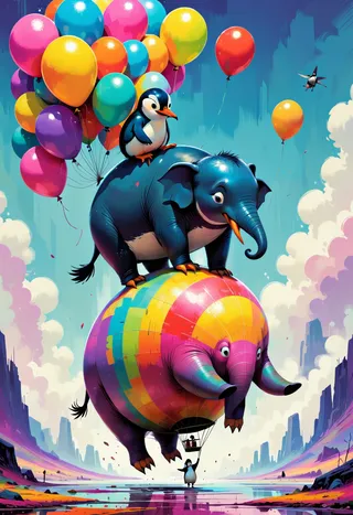 A colorful and whimsical scene showing an elephant-shaped hot air balloon with bright rainbow patches, carrying a smaller chilled elephant with a quirky penguin on its back, surrounded by numerous vibrant balloons against a clear blue sky.
