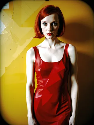 Portrait of a red-haired woman with bold eyes and red lipstick wearing a red dress with geometric patterns against a yellow abstract background in a 1920s avant-garde style.