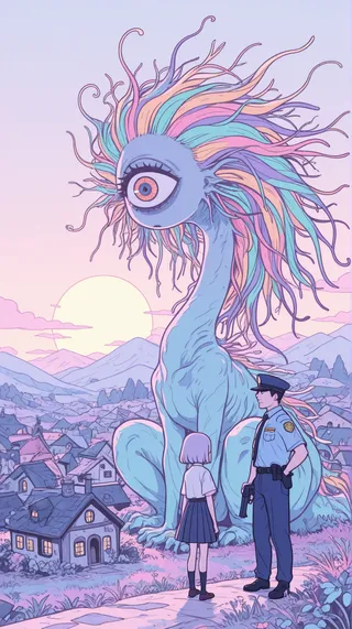 해질 무렵 작은 마을에서 총을 들고 서 있는 남성 경찰관을 바라보는 긴 목과 다채로운 머리카락을 가진 키 큰 여성 외눈박이 괴물을 파스텔 색상과 평면 벡터 스타일로 표현한 그림.