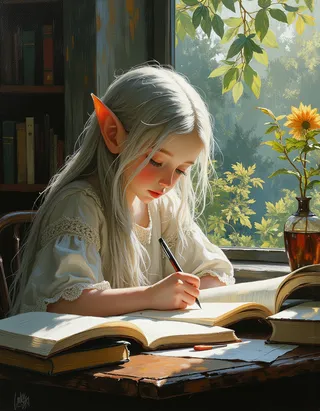 Oil painting of a young elf girl with silver hair writing at a wooden desk bathed in soft natural light next to a window with leafy green plants outside.