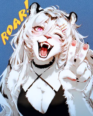 Portrait of a furry female character with white fur and long white hair, pink eyes with one eye closed, wearing a black sleeveless dress and black choker, roaring with mouth open and showing fangs. Yellow text saying 'ROAR!' appears on a blue polka dot background.