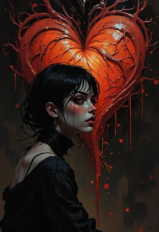 A realistic portrait of a woman with emo bangs and glossy lips under moody lighting, with a large pulsating heart with glowing veins in the background.