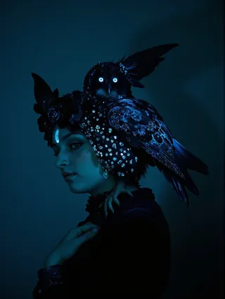A bioluminescent black owl with glowing eyes perched on the shoulder of a German witch wearing an ornate jeweled headpiece in a dark, moody photograph.