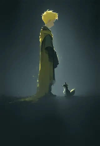 A minimalist silhouette of The Little Prince with blonde hair and a flowing yellow scarf standing against a dark background, accompanied by a loyal fox.