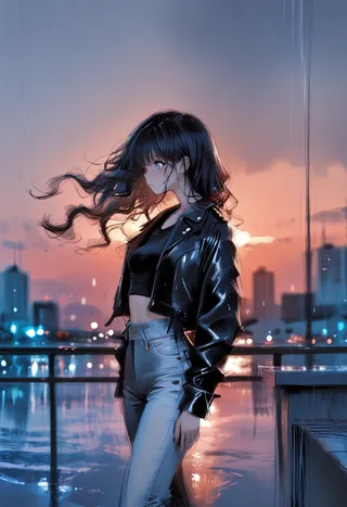Digital artwork of a melancholic girl with long wavy hair wearing a leather jacket and crop top, standing on a rooftop at sunset with rain and city lights reflected in puddles