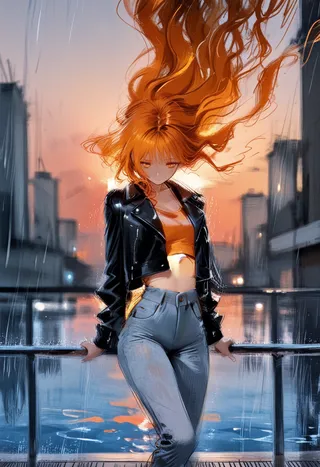 A melancholic girl with flowing bright orange hair stands on a rooftop at sunset wearing a black leather jacket, orange crop top, and high-waisted jeans. Rain puddles reflect city lights in the background.